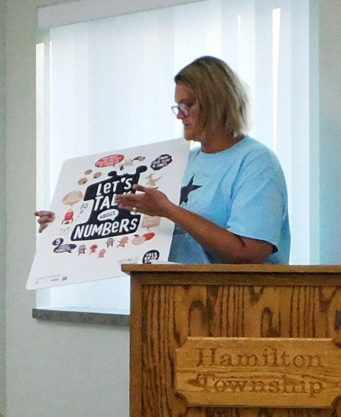 Sarah McCurdy of the Clare-Gladwin RESD shows attendees at the July 6 Hamilton Township Board meeting an example of the “Let’s talk about…” signs that could be posted near the playground equipment soon to be installed at the township hall.